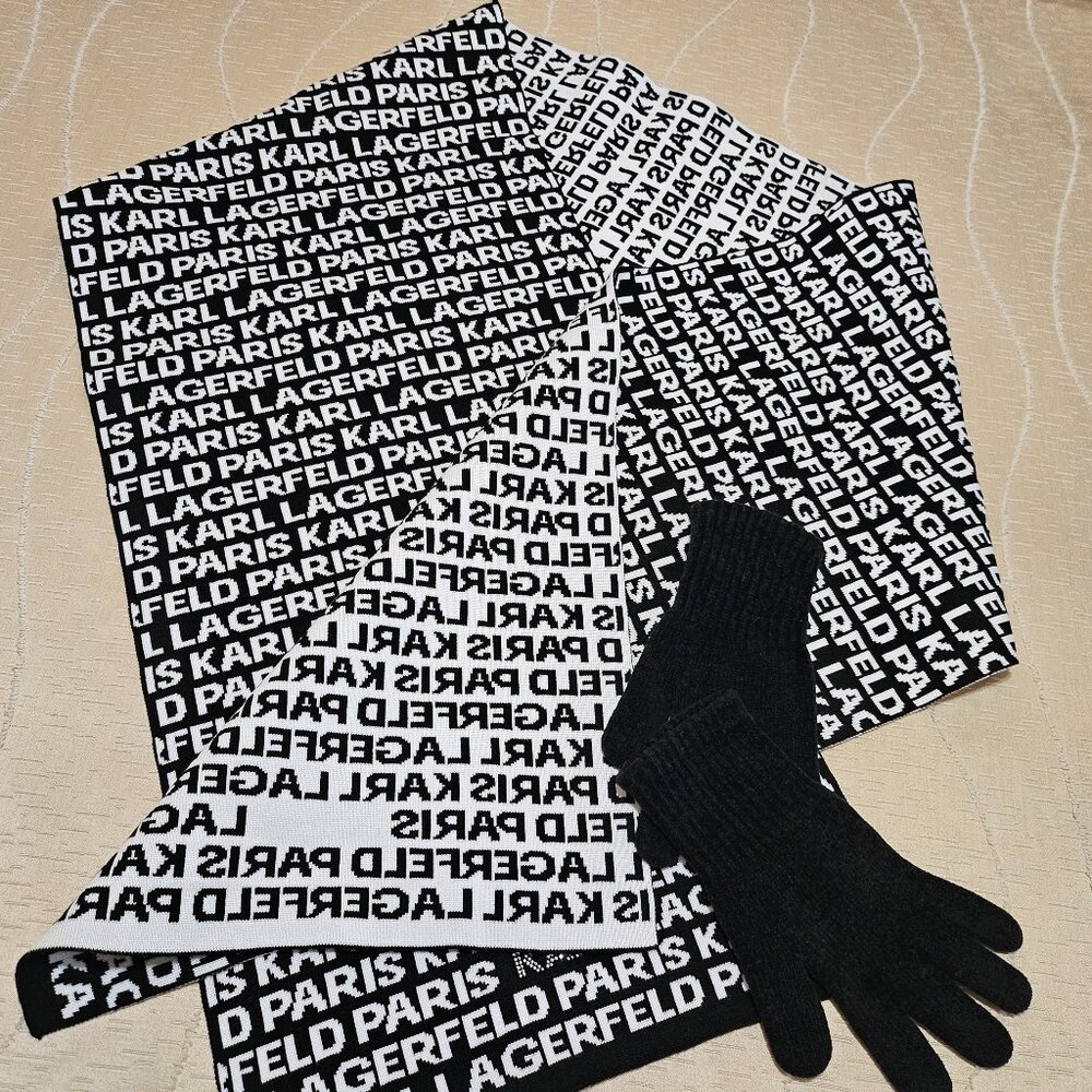 KARL LAGERFELD CHIC ICONIC MONOCHROME BLACK & WHITE  LOGO SCARF - Picture 10 of 15